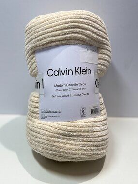 Calvin Klein Chenille Throw Blanket 50x70 Neutral Cream Soft Cozy